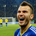 ** A dynamic photograph of Edin Džeko celebrating a goal for the Bosnia and Herzegovina national football team. The crowd in the background is a blur of excitement and national pride. Focus on Džeko's passionate expression and the energy of the moment, capturing the unity and joy that football brings to the nation.