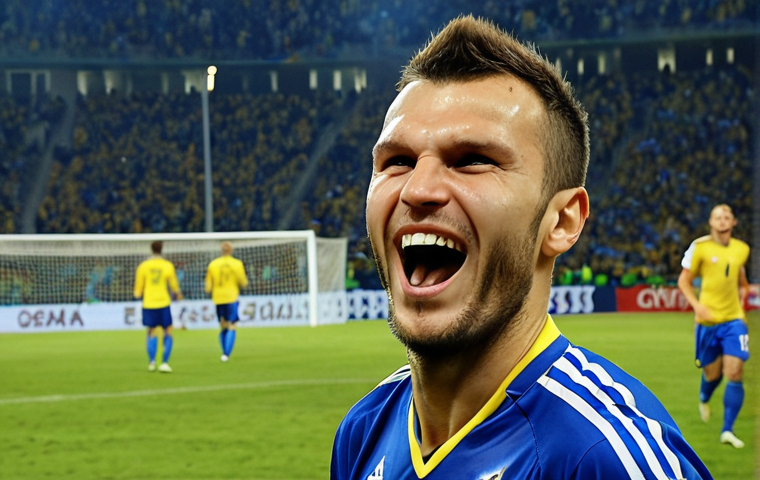 ** A dynamic photograph of Edin Džeko celebrating a goal for the Bosnia and Herzegovina national football team. The crowd in the background is a blur of excitement and national pride. Focus on Džeko's passionate expression and the energy of the moment, capturing the unity and joy that football brings to the nation.