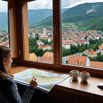 A detailed, atmospheric photo of a traveler intently planning a journey. Maps of Bosnia and Europe are spread across a hotel bed, flanked by empty coffee cups. A hand points to a route, deep in concentration, weighing the choice between fast highways and scenic paths. Through a window, a blurred, beautiful view of a European cityscape or countryside hints at the adventure beyond the map. Soft, intimate lighting. Travel planning, journey preparation.