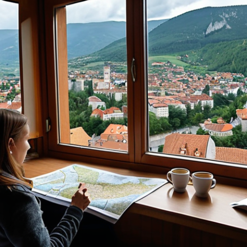 A detailed, atmospheric photo of a traveler intently planning a journey. Maps of Bosnia and Europe are spread across a hotel bed, flanked by empty coffee cups. A hand points to a route, deep in concentration, weighing the choice between fast highways and scenic paths. Through a window, a blurred, beautiful view of a European cityscape or countryside hints at the adventure beyond the map. Soft, intimate lighting. Travel planning, journey preparation.
