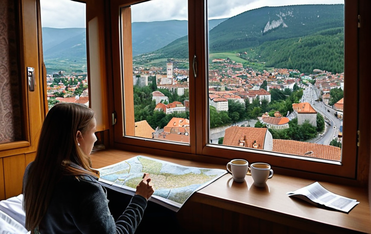 A detailed, atmospheric photo of a traveler intently planning a journey. Maps of Bosnia and Europe are spread across a hotel bed, flanked by empty coffee cups. A hand points to a route, deep in concentration, weighing the choice between fast highways and scenic paths. Through a window, a blurred, beautiful view of a European cityscape or countryside hints at the adventure beyond the map. Soft, intimate lighting. Travel planning, journey preparation.